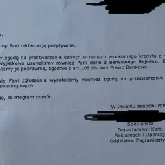 Pismo bankowe potwierdza wycofanie zgody na przetwarzanie danych w BIK S.A. i usunięcie danych z rejestru.