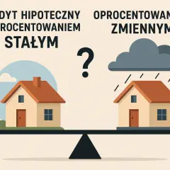 Kredyt hipoteczny: stała czy zmienna rata? Dwa domy na wadze: jeden pod błękitnym niebem, drugi pod deszczową chmurą.