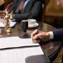 Podpisanie dokumentów, by udowodnić że nie brałem pożyczki. Obok Temida i pieczęć.