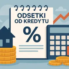 Ilustracja pokazuje, jak obliczyć koszty kredytu: dom na monetach, kalkulator, procent i rosnący wykres.