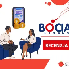 Bocian Finanse: para rozmawia o pożyczki online. Ikona telefonu z napisem "LOAN" i monetami.