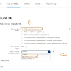 Formularz zamówienia raportu BIK. Wybrano wersję polską. Wybierz rachunek do rozliczenia, by pobrać raport.