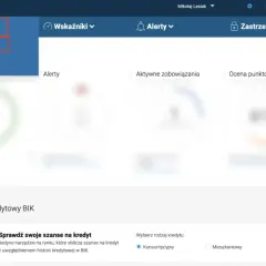 Menu "Raporty" z opcją "Raport BIK" pokazuje, jak wygląda raport BIK. Widoczny jest też analizator kredytowy.