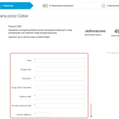 Formularz do wygenerowania raportu BIK bez konta bankowego. Wpisz swoje dane: imię, nazwisko, adres e-mail i numer telefonu.