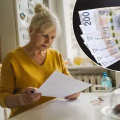 Starsza kobieta analizuje dokumenty, zastanawiając się, jak sprawdzić BIK osoby zmarłej. Obok leżą polskie banknoty 200 zł.
