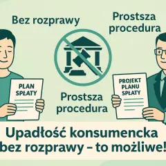 Upadłość konsumencka bez rozprawy to prostsza procedura. Dwóch mężczyzn trzyma plany spłaty.