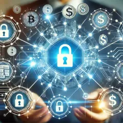 Sieć symboli blokad, dolarów i Bitcoinów otacza centralny zamek. To wizualizacja bezpiecznych, sprawdzonych pożyczek społecznościowych.
