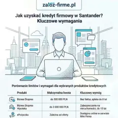 Infografika o tym, jak uzyskać kredyt firmowy w Santander. Kluczowe wymagania: staż działalności, zdolność kredytowa, stabilność finansowa, dokumenty rejestrowe i finansowe. Dostępna linia kredytowa dla firm.