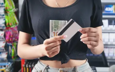 Kobieta trzyma banknot 100 dolarów i kartę płatniczą, zastanawiając się, ile można wyplacic w Żabce.