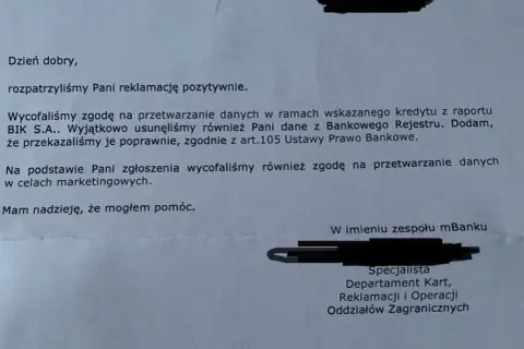 Pismo bankowe potwierdza wycofanie zgody na przetwarzanie danych w BIK S.A. i usunięcie danych z rejestru.
