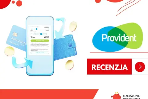 Czy Provident sprawdza BIK? Na ekranie telefonu widać symulację pożyczki. Obok logo Provident i przycisk "Recenzja".