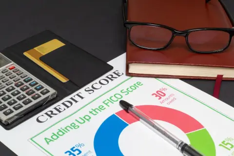 Kalkulator, karty kredytowe, notatnik i okulary na tle dokumentu "Credit Score". Czy po upadłości konsumenckiej można wziąć kredyt?