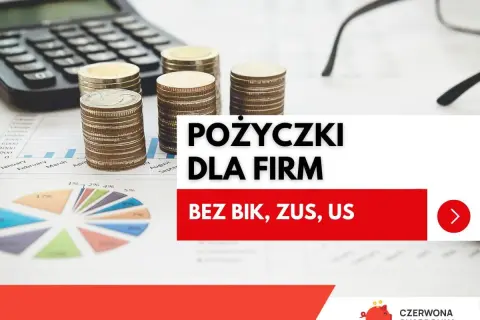 Kalkulator, monety i wykresy. Szybki kredyt dla firm bez BIK, ZUS, US. Czerwona skarbonka.
