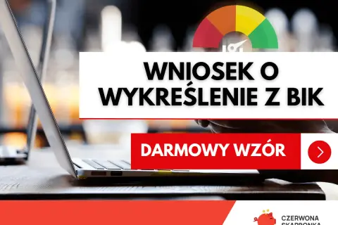 Grafika przedstawia laptopa i wskaźnik oceny kredytowej. Na ekranie widnieje napis "Wniosek o wykreślenie z BIK".