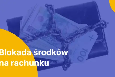 Portfel z pieniędzmi spięty łańcuchem symbolizuje blokadę środków na rachunku bankowym jako zabezpieczenie.