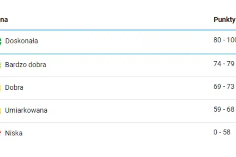 Tabela ocena punktowa BIK: Doskonała (80-100), Bardzo dobra (74-79), Dobra (69-73), Umiarkowana (59-68), Niska (0-58).
