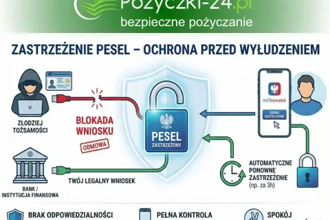 Jak zastrzec swoje dane osobowe? Grafika pokazuje, jak zastrzeżenie PESEL blokuje złodzieja tożsamości, chroniąc przed wyłudzeniem.