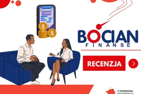 Bocian Finanse: para rozmawia o pożyczki online. Ikona telefonu z napisem "LOAN" i monetami.