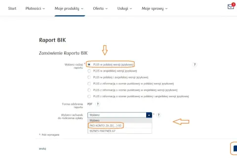 Formularz zamówienia raportu BIK. Wybrano wersję polską. Wybierz rachunek do rozliczenia, by pobrać raport.