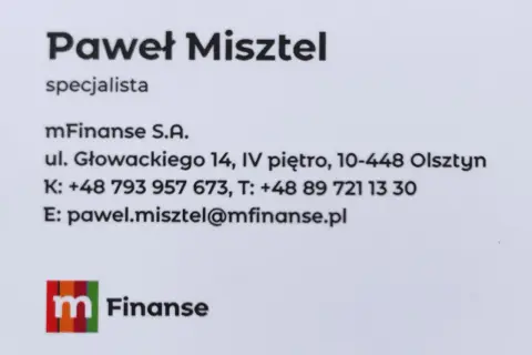 Wizytówka Pawła Misztela, specjalisty mFinanse S.A. z Olsztyna.