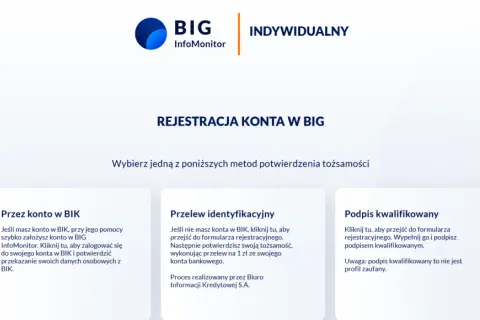 Rejestracja konta w BIG InfoMonitor: wybierz metodę potwierdzenia tożsamości – przez konto w BIK, przelew identyfikacyjny lub podpis kwalifikowany.