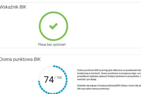 Wskaźnik BIK z zielonym zaznaczeniem i informacją "Płacę bez opóźnień". Poniżej ocena punktowa BIK 74/100.