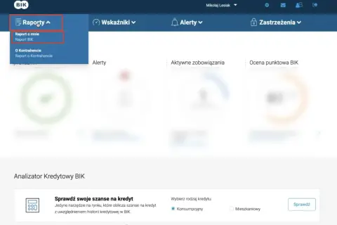 Menu "Raporty" z opcją "Raport BIK" pokazuje, jak wygląda raport BIK. Widoczny jest też analizator kredytowy.
