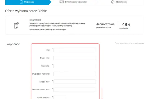 Formularz do wygenerowania raportu BIK bez konta bankowego. Wpisz swoje dane: imię, nazwisko, adres e-mail i numer telefonu.