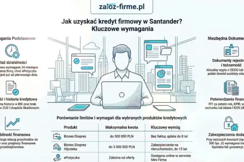 Infografika o tym, jak uzyskać kredyt firmowy w Santander. Kluczowe wymagania: staż działalności, zdolność kredytowa, stabilność finansowa, dokumenty rejestrowe i finansowe. Dostępna linia kredytowa dla firm.