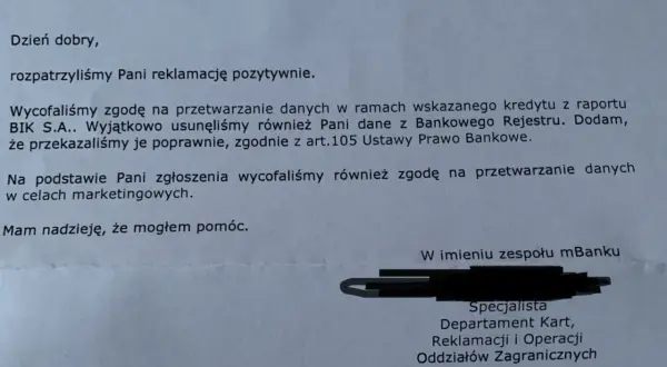 Pismo bankowe potwierdza wycofanie zgody na przetwarzanie danych w BIK S.A. i usunięcie danych z rejestru.