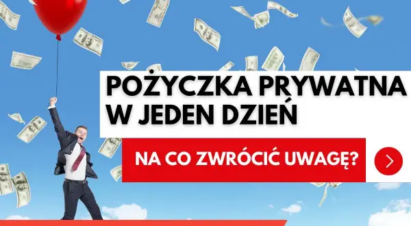 Szczęśliwy mężczyzna z balonem i spadającymi banknotami. Szybka pożyczka prywatna od osób prywatnych. Na co zwrócić uwagę?