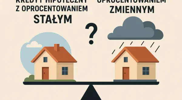 Kredyt hipoteczny: stała czy zmienna rata? Dwa domy na wadze: jeden pod błękitnym niebem, drugi pod deszczową chmurą.