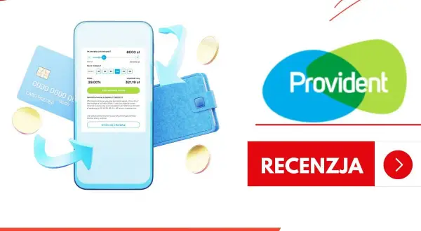 Czy Provident sprawdza BIK? Na ekranie telefonu widać symulację pożyczki. Obok logo Provident i przycisk "Recenzja".