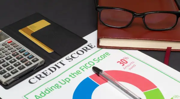 Kalkulator, karty kredytowe, notatnik i okulary na tle dokumentu "Credit Score". Czy po upadłości konsumenckiej można wziąć kredyt?