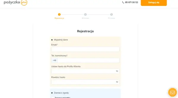 Formularz rejestracyjny Pożyczka Plus. Uzupełnij dane, aby zalogować się do swojego profilu.
