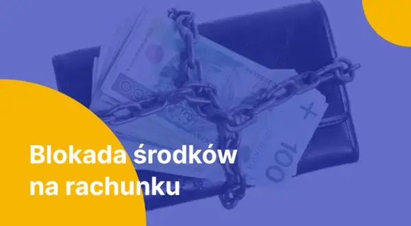 Portfel z pieniędzmi spięty łańcuchem symbolizuje blokadę środków na rachunku bankowym jako zabezpieczenie.