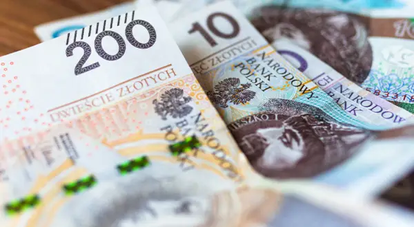 Zbliżenie na polskie banknoty o nominałach 200 i 10 złotych.