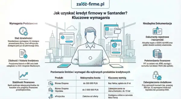 Infografika o tym, jak uzyskać kredyt firmowy w Santander. Kluczowe wymagania: staż działalności, zdolność kredytowa, stabilność finansowa, dokumenty rejestrowe i finansowe. Dostępna linia kredytowa dla firm.