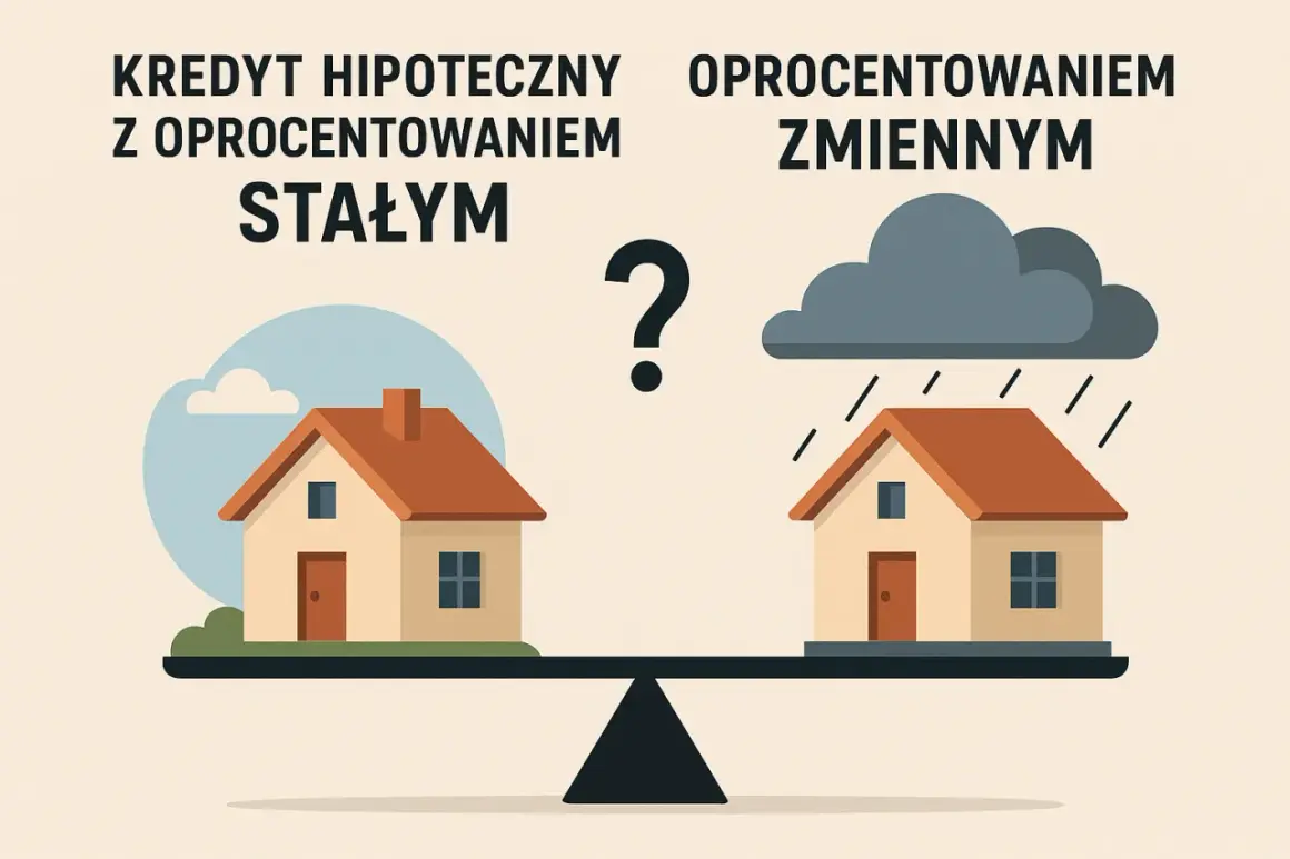 Kredyt hipoteczny: stała czy zmienna rata? Dwa domy na wadze: jeden pod błękitnym niebem, drugi pod deszczową chmurą.