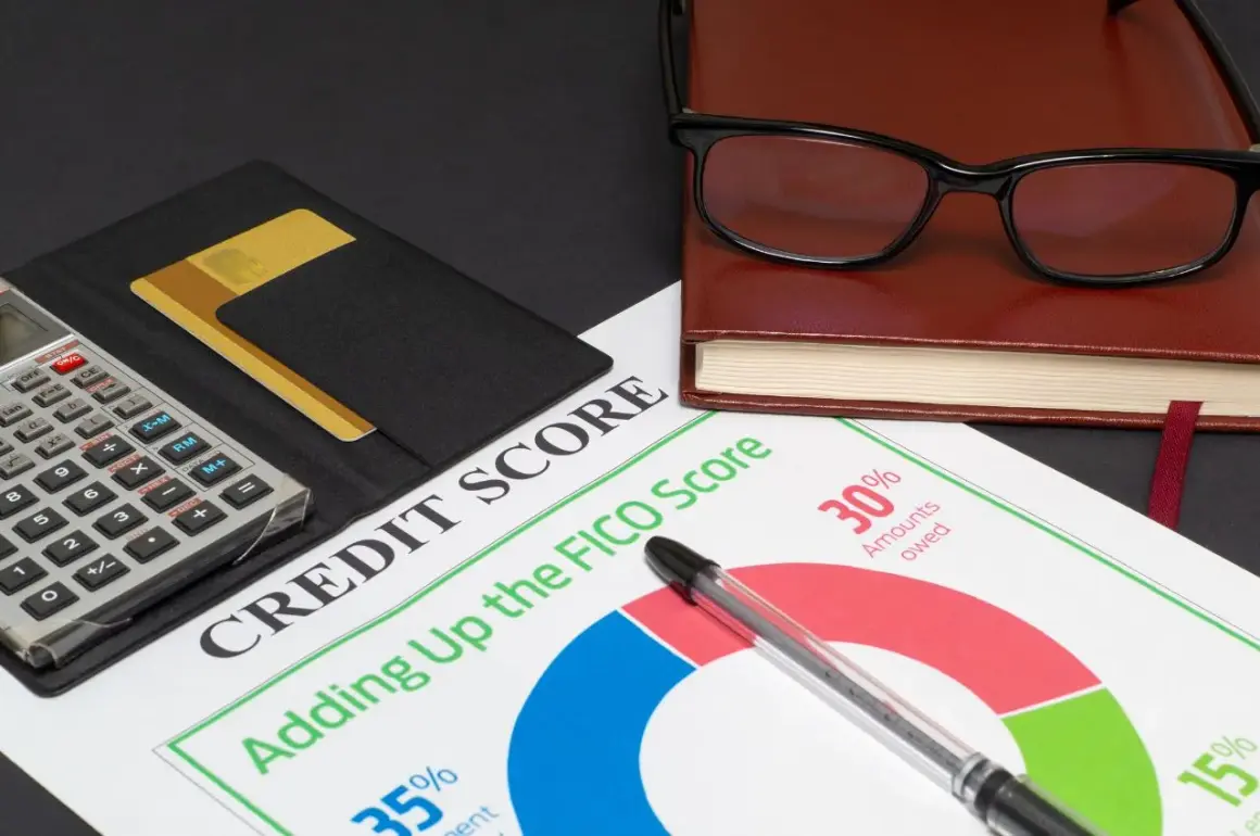Kalkulator, karty kredytowe, notatnik i okulary na tle dokumentu "Credit Score". Czy po upadłości konsumenckiej można wziąć kredyt?