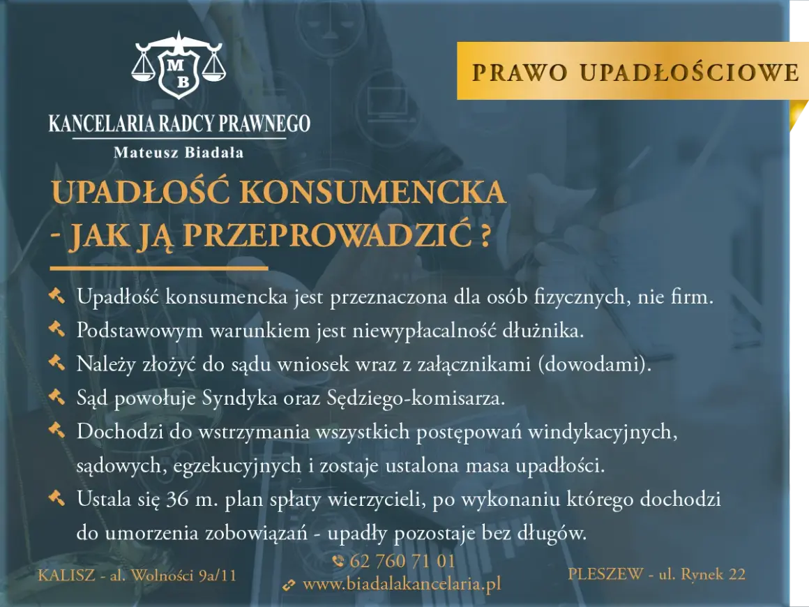 Upadłość konsumencka - jak ją przeprowadzić? Poznaj konsekwencje i kroki do oddłużenia. Kancelaria Radcy Prawnego Mateusz Biadała.