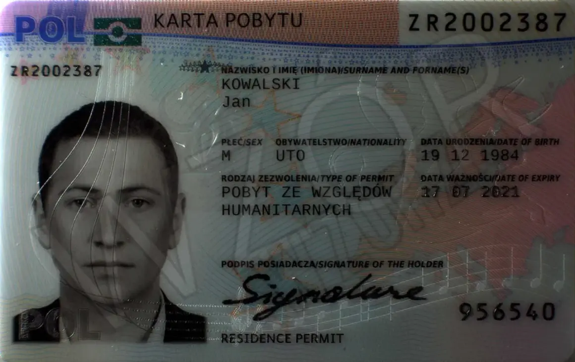 Karta pobytu Jana Kowalskiego, seria ZR2002387, wydana ze względów humanitarnych.