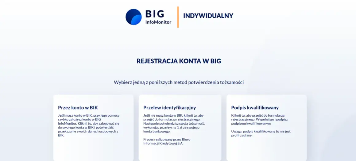 Rejestracja konta w BIG InfoMonitor: wybierz metodę potwierdzenia tożsamości – przez konto w BIK, przelew identyfikacyjny lub podpis kwalifikowany.