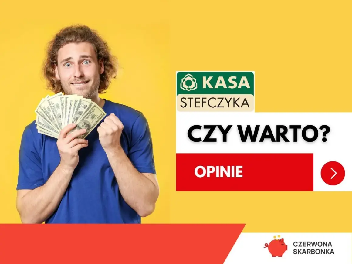 Mężczyzna z zaskoczoną miną trzyma wachlarz banknotów dolarowych na żółtym tle.