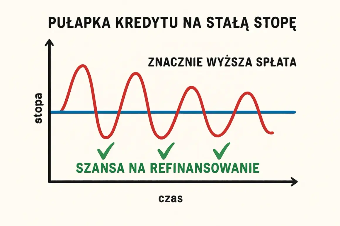 Wykres pokazuje pułapkę kredytu na stałą stopę. Fale stopy procentowej oscylują, a gdy spadają poniżej linii, pojawia się szansa na refinansowanie.