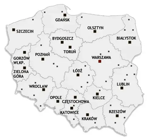 mapa Polski z zaznaczonymi największymi miastami