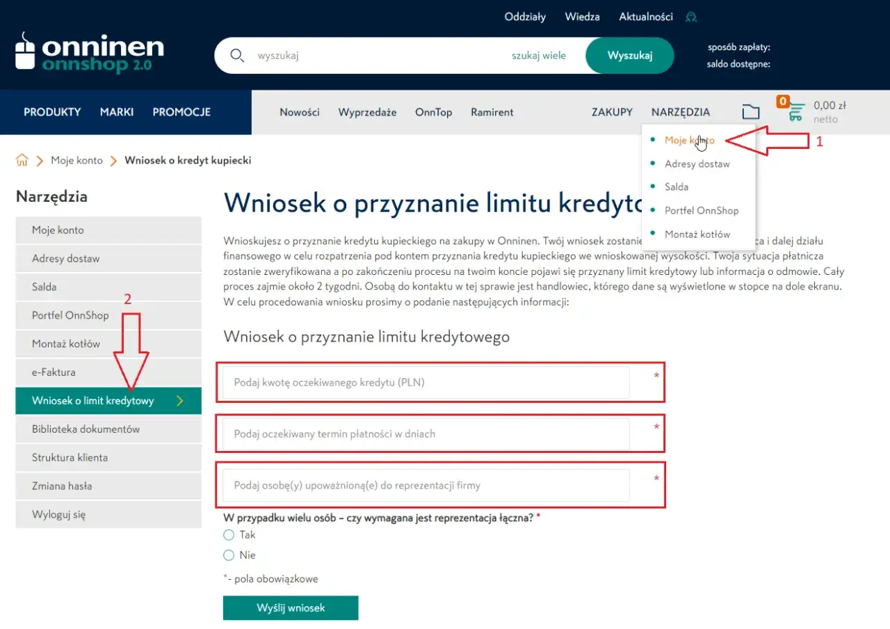 Wniosek o przyznanie limitu kredytowego. Wpisz kwotę, termin płatności i dane osoby reprezentującej firmę.