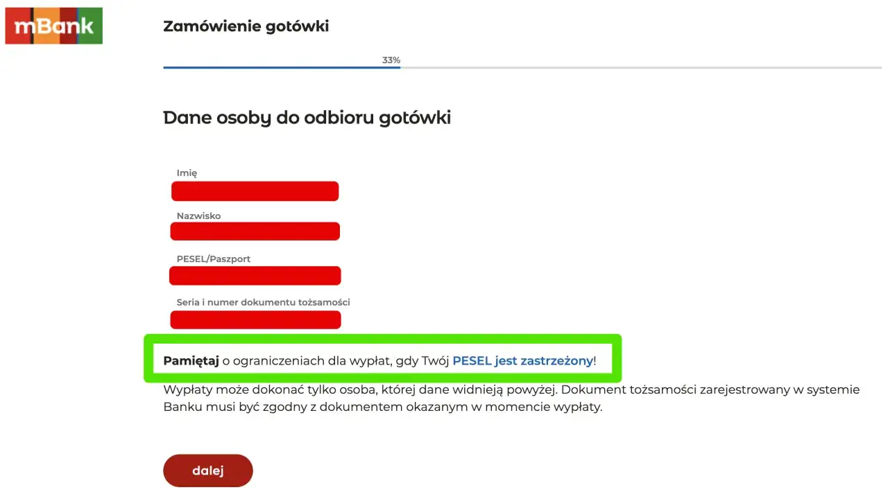 Formularz zamówienia gotówki. Wpisz dane odbiorcy, w tym PESEL. Pamiętaj, że zastrzeżony PESEL może ograniczyć wypłatę.