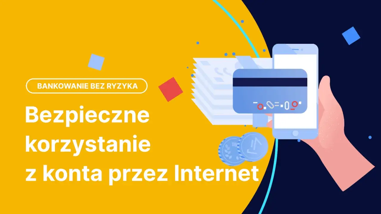 Bezpieczne korzystanie z konta przez Internet. Czy podawanie nr konta jest bezpieczne? Ilustracja pokazuje telefon, kartę i monety.