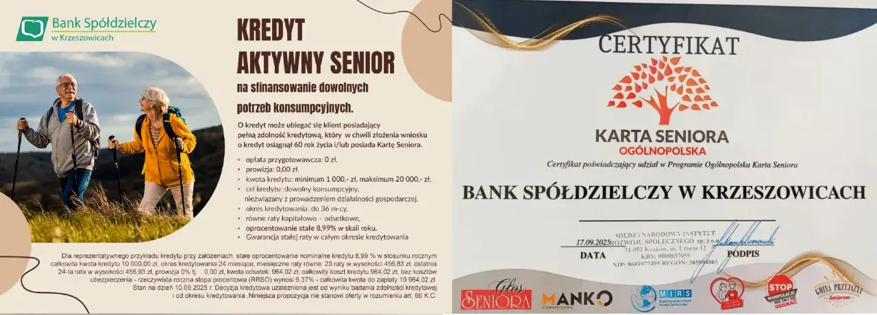 Aktywny Senior z Banku Spółdzielczego w Krzeszowicach: kredyt dla emeryta 85 lat na dowolne potrzeby. Aktywni seniorzy na szlaku.
